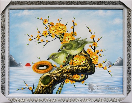 Tranh Tổ Chim Hạnh Phúc Trên Gốc Mai Vàng Vẽ Tay Sơn Dầu 100%