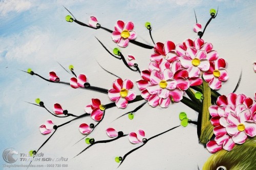 Tranh Tổ Chim Trên Gốc Đào Vẽ Thủ Công Sơn Dầu 100%