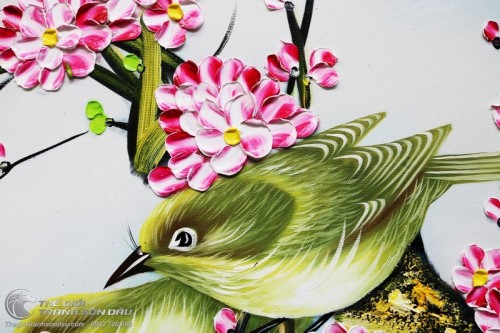 Tranh Tổ Chim Trên Gốc Đào Vẽ Thủ Công Sơn Dầu 100%