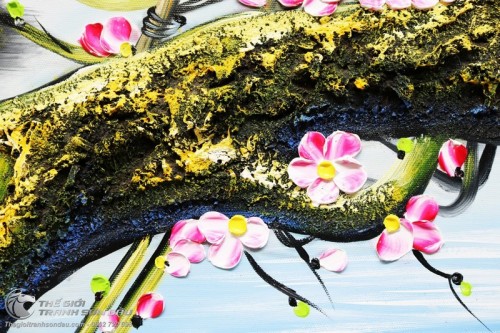 Tranh Tổ Chim Trên Gốc Đào Vẽ Thủ Công Sơn Dầu 100%