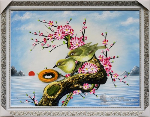 Tranh Tổ Chim Trên Gốc Đào Vẽ Thủ Công Sơn Dầu 100%