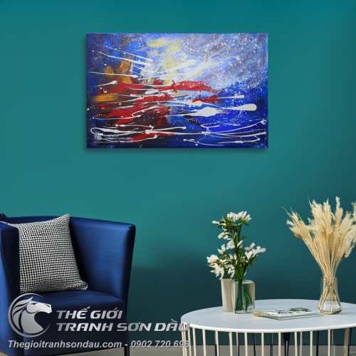 Tranh Trừu Tượng Sắc Xanh Điểm Xuyết Vệt Đỏ