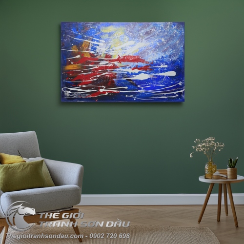 Tranh Trừu Tượng Sắc Xanh Điểm Xuyết Vệt Đỏ
