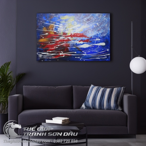 Tranh Trừu Tượng Sắc Xanh Điểm Xuyết Vệt Đỏ