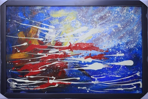 Tranh Trừu Tượng Sắc Xanh Điểm Xuyết Vệt Đỏ