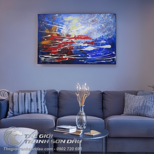 Tranh Trừu Tượng Sắc Xanh Điểm Xuyết Vệt Đỏ