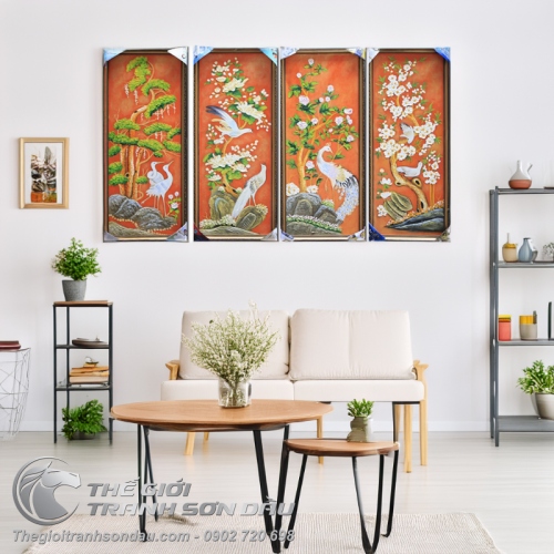 Tranh Tứ Quý Bộ Bốn Bức Tông Màu Cam