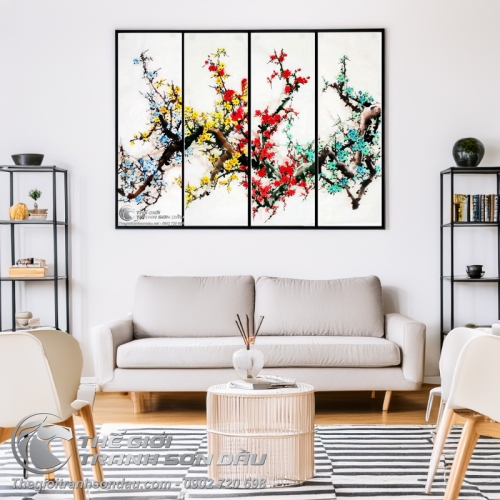 Tranh Tứ Quý Hoa Đào 4 Mùa 4 Màu