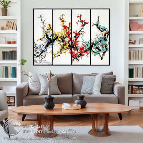 Tranh Tứ Quý Hoa Đào 4 Mùa 4 Màu