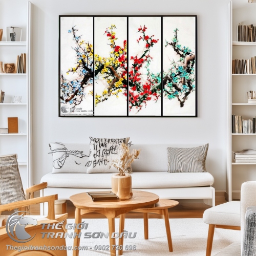 Tranh Tứ Quý Hoa Đào 4 Mùa 4 Màu