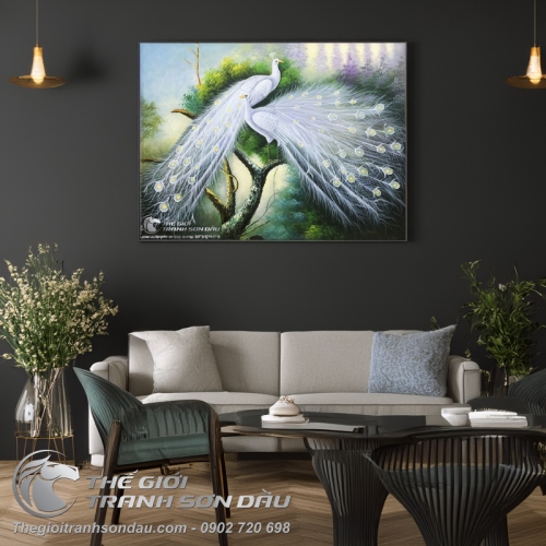 Tranh Uyên Ương Đôi Chim Công Trắng