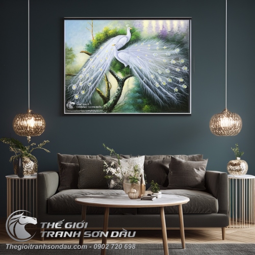 Tranh Uyên Ương Đôi Chim Công Trắng