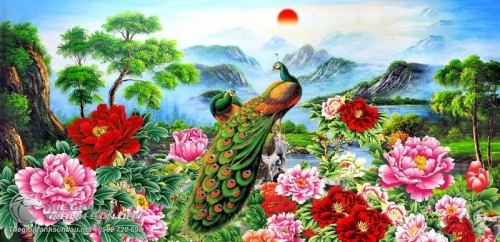 Tranh Uyên Ương Hoa Mẫu Đơn Sơn Thủy Hữu Tình