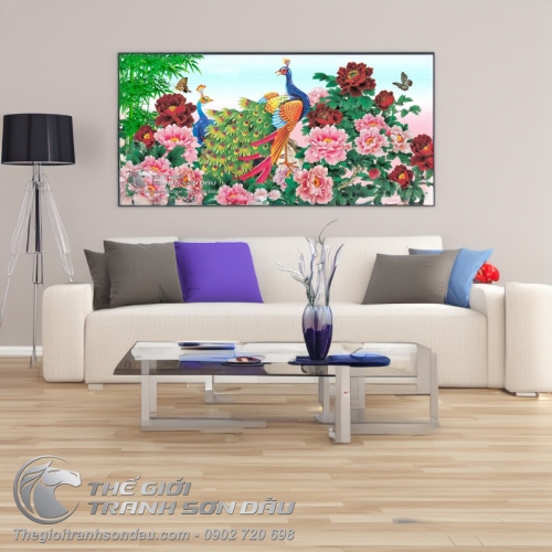 Tranh Uyên Ương Hoa Mẫu Đơn Trúc Báo Bình An