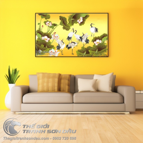 Tranh Vẽ Ba Đôi Chim Hạc Trên Tone Màu Vàng