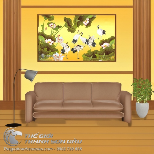 Tranh Vẽ Ba Đôi Chim Hạc Trên Tone Màu Vàng