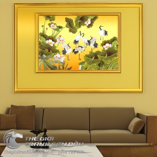 Tranh Vẽ Ba Đôi Chim Hạc Trên Tone Màu Vàng
