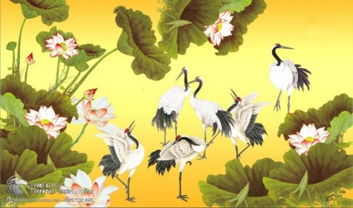 Tranh Vẽ Ba Đôi Chim Hạc Trên Tone Màu Vàng