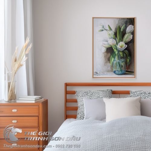 Tranh Vẽ Bằng Sơn Dầu Bình Hoa Tulip Trắng Tinh Khôi