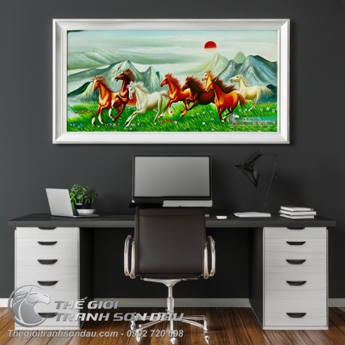 Tranh Vẽ Bát Mã Ngựa Chạy Trên Thảo Nguyên Xanh