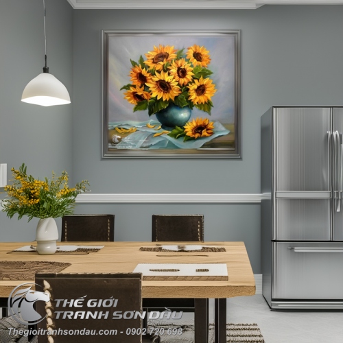 Tranh Vẽ Bình Hoa Hướng Dương Dáng Tròn