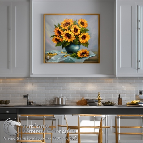 Tranh Vẽ Bình Hoa Hướng Dương Dáng Tròn