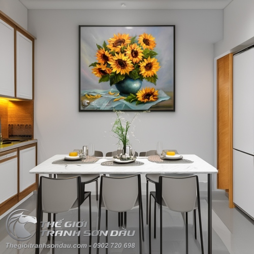 Tranh Vẽ Bình Hoa Hướng Dương Dáng Tròn