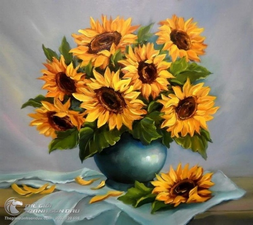 Tranh Vẽ Bình Hoa Hướng Dương Dáng Tròn
