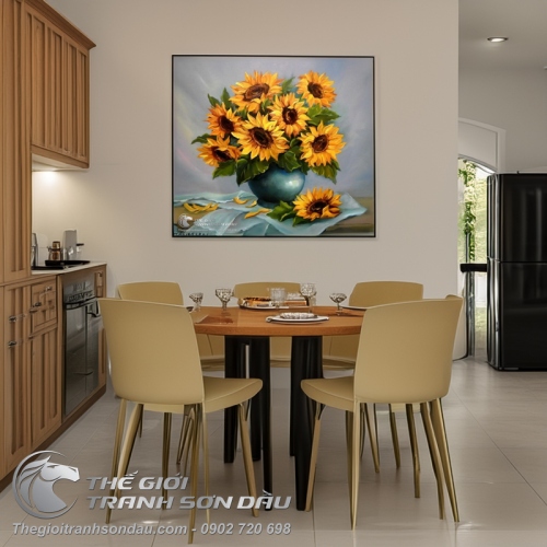 Tranh Vẽ Bình Hoa Hướng Dương Dáng Tròn