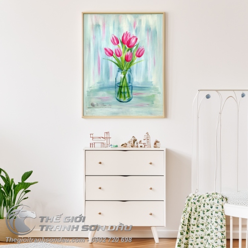 Tranh Vẽ Bình Hoa Tulip Màu Hồng