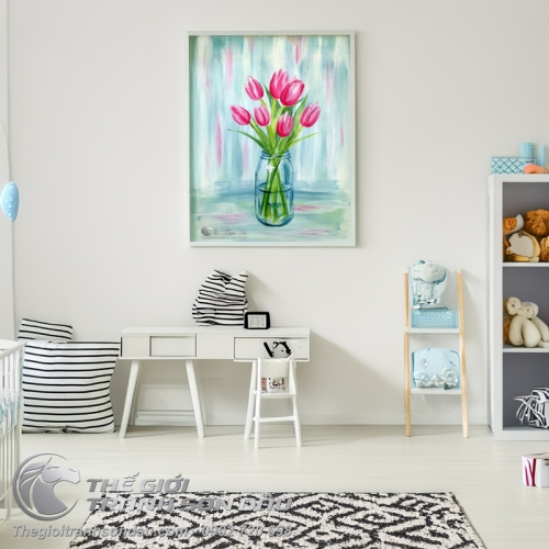 Tranh Vẽ Bình Hoa Tulip Màu Hồng