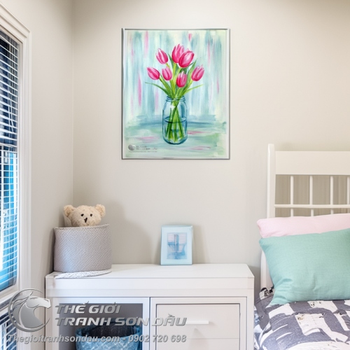 Tranh Vẽ Bình Hoa Tulip Màu Hồng