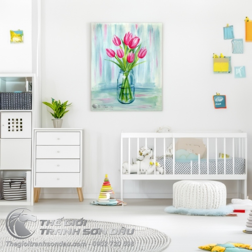 Tranh Vẽ Bình Hoa Tulip Màu Hồng