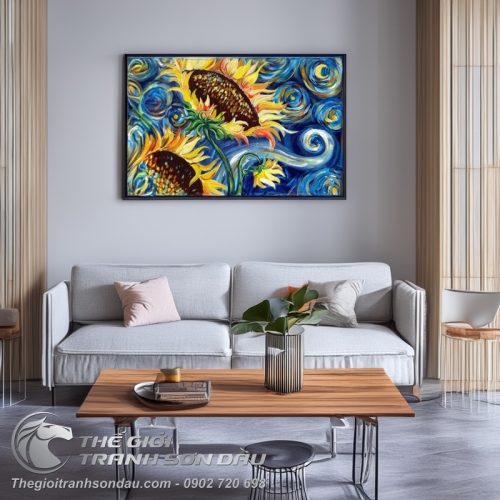 Tranh Vẽ Bông Hoa Hướng Dương Nền Xanh Ấn Tượng