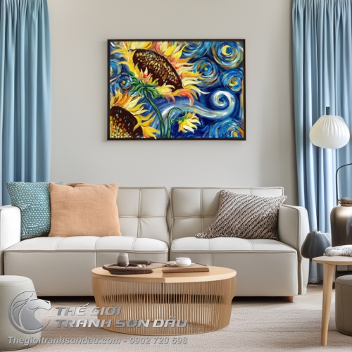 Tranh Vẽ Bông Hoa Hướng Dương Nền Xanh Ấn Tượng