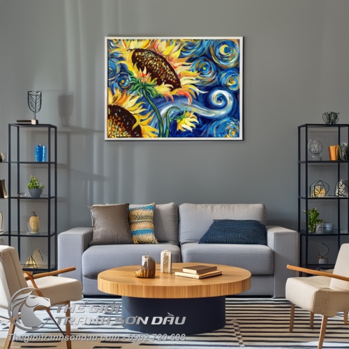 Tranh Vẽ Bông Hoa Hướng Dương Nền Xanh Ấn Tượng