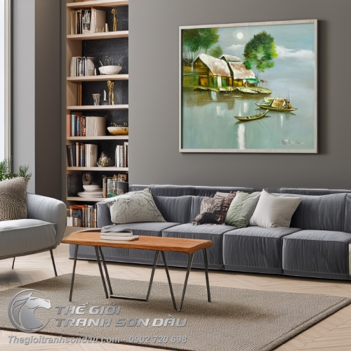 Tranh Vẽ Cảnh Quê Con Đò Bến Vắng