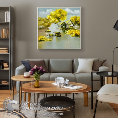 Tranh Vẽ Cảnh Quê Hương Bình Yên Xóm Chài Ven Sông