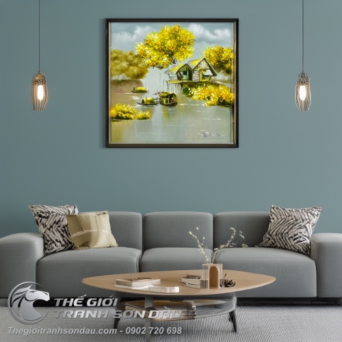 Tranh Vẽ Cảnh Quê Hương Bình Yên Xóm Chài Ven Sông