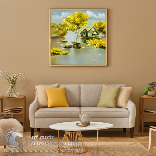 Tranh Vẽ Cảnh Quê Hương Bình Yên Xóm Chài Ven Sông