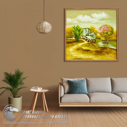 Tranh Vẽ Cảnh Vật Quê Hương Mái Nhà Ven Sông