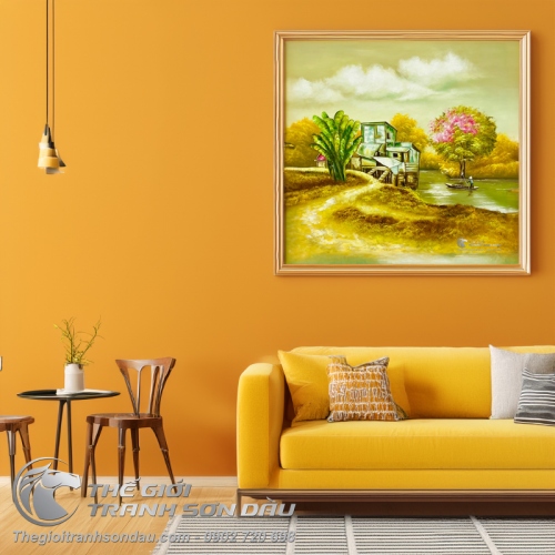 Tranh Vẽ Cảnh Vật Quê Hương Mái Nhà Ven Sông