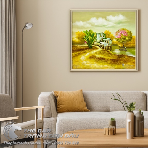 Tranh Vẽ Cảnh Vật Quê Hương Mái Nhà Ven Sông