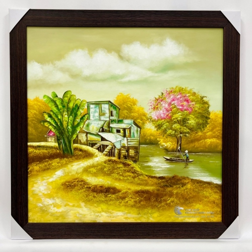 Tranh Vẽ Cảnh Vật Quê Hương Mái Nhà Ven Sông
