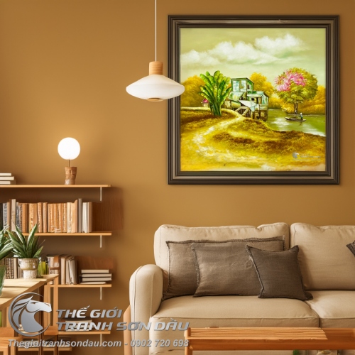 Tranh Vẽ Cảnh Vật Quê Hương Mái Nhà Ven Sông