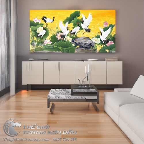 Tranh Vẽ Đàn Chim Hạc Bên Ao Sen Rực Rỡ Sắc Màu