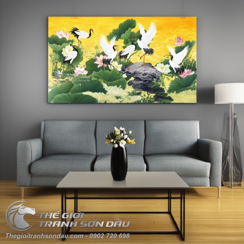 Tranh Vẽ Đàn Chim Hạc Bên Ao Sen Rực Rỡ Sắc Màu
