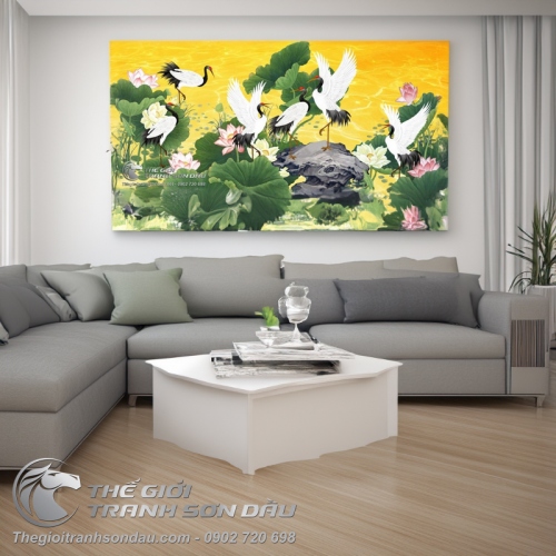 Tranh Vẽ Đàn Chim Hạc Bên Ao Sen Rực Rỡ Sắc Màu