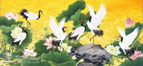 Tranh Vẽ Đàn Chim Hạc Bên Ao Sen Rực Rỡ Sắc Màu