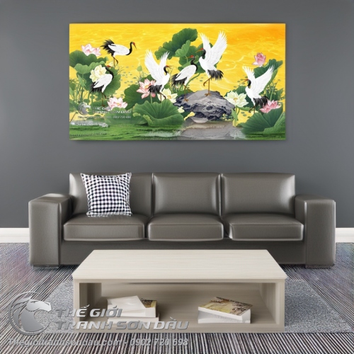 Tranh Vẽ Đàn Chim Hạc Bên Ao Sen Rực Rỡ Sắc Màu